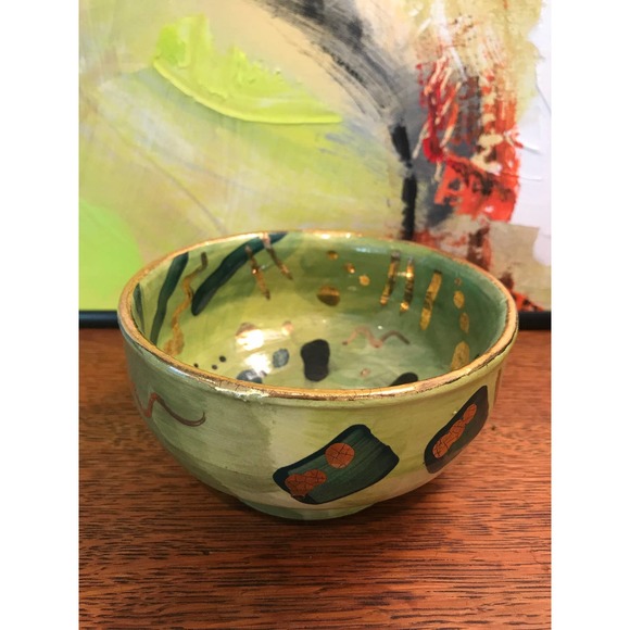 Lime Green Abstract Pottery Snack Bowl with Genuine Gold Accents - Picture 6 of 11